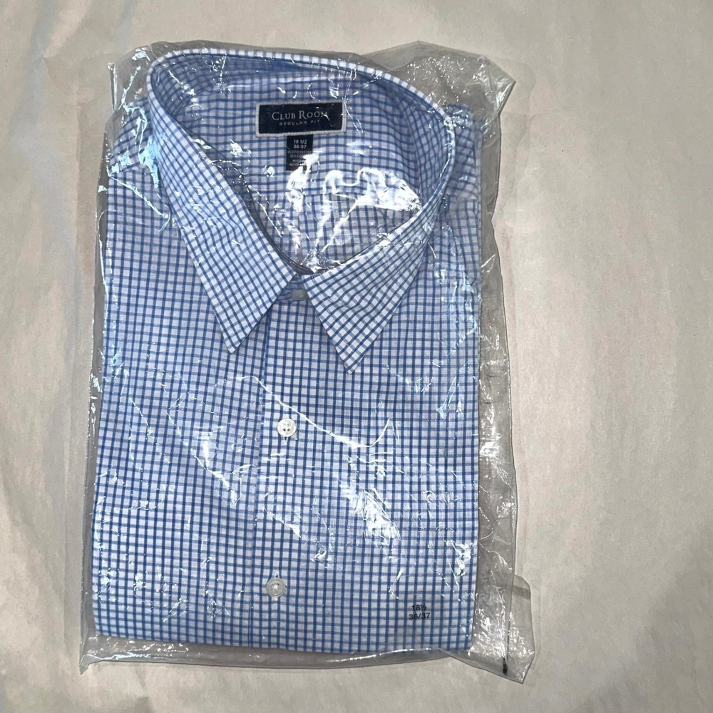 Club Room Regular Fit Dress Shirt 18.5 36/37 Blue Check Plaid Factory Sealed NWT